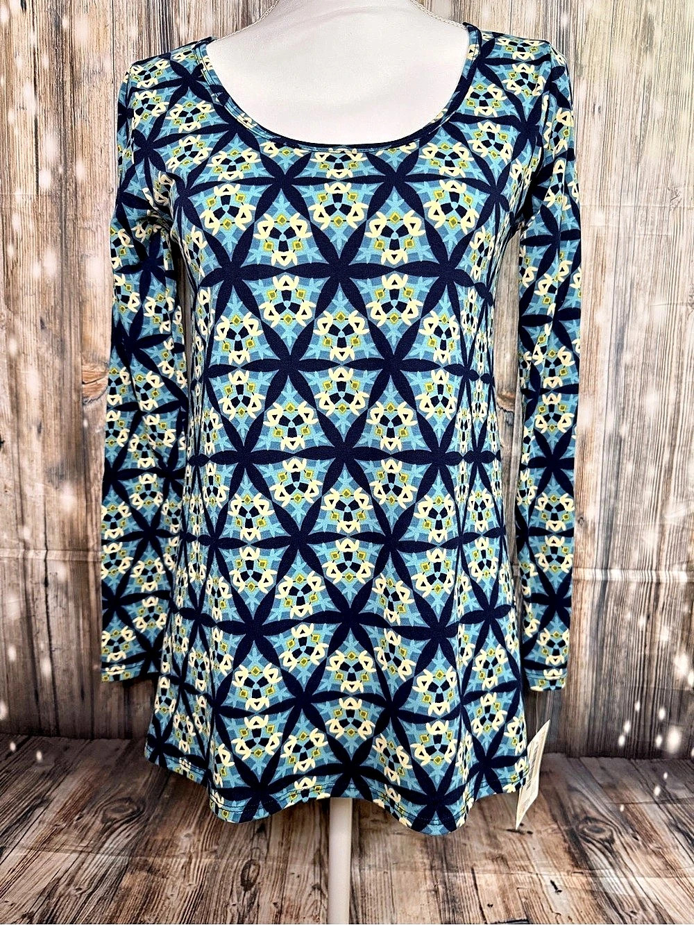LuLaRoe Lynnae Size XS Geometric Long Sleeve Tunic Blue & Yellow NWT